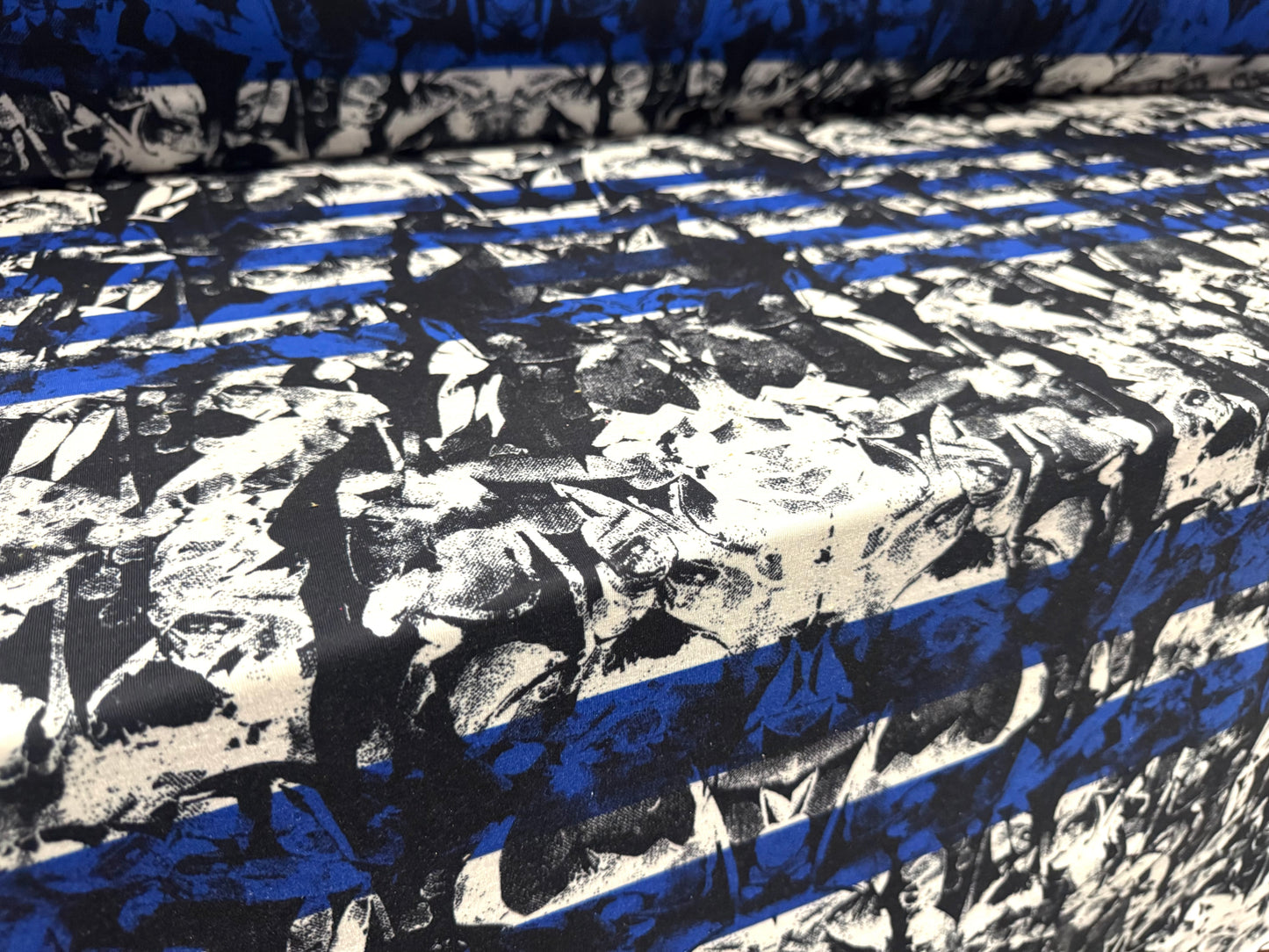 Stretch spandex interlock jersey fabric, per metre - stripes on abstract print - blue black & white