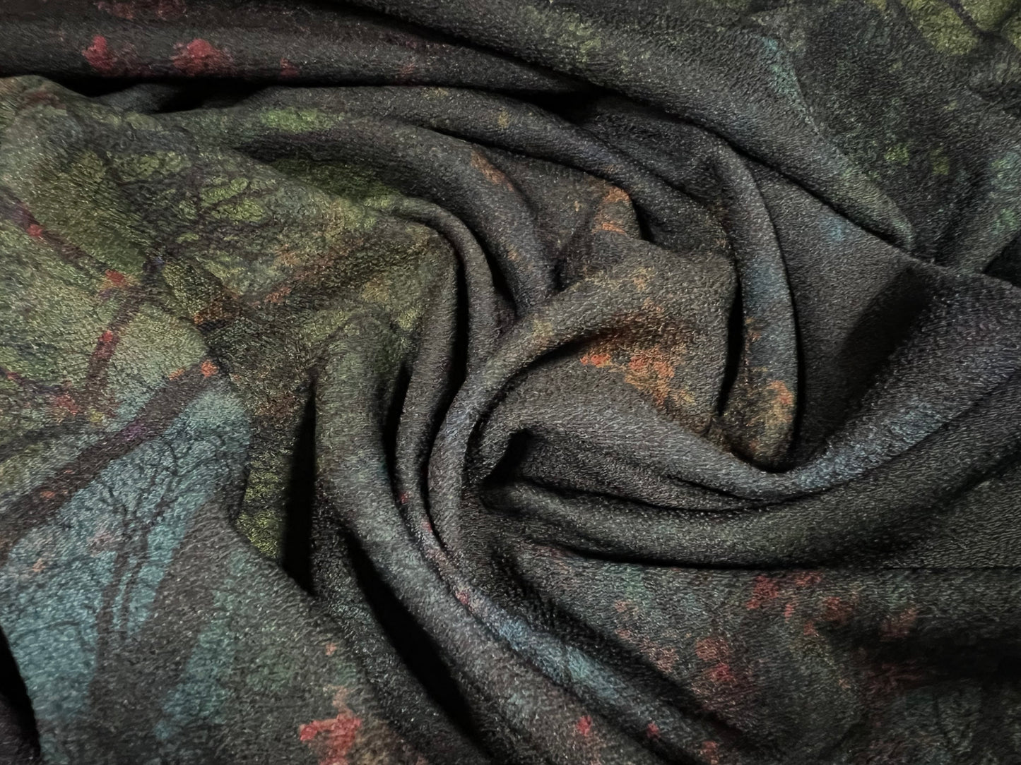 Valentino crepe spandex jersey fabric - similar to scuba - per metre - dark forest print - teal purple & rust