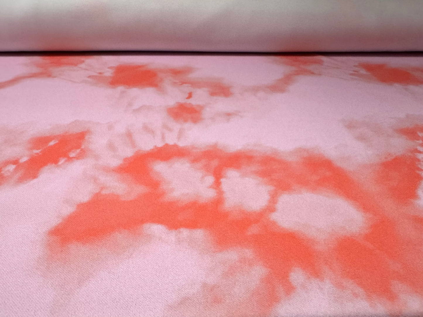 Scuba crepe stretch spandex jersey fabric, per metre - tie dye print - pink & coral