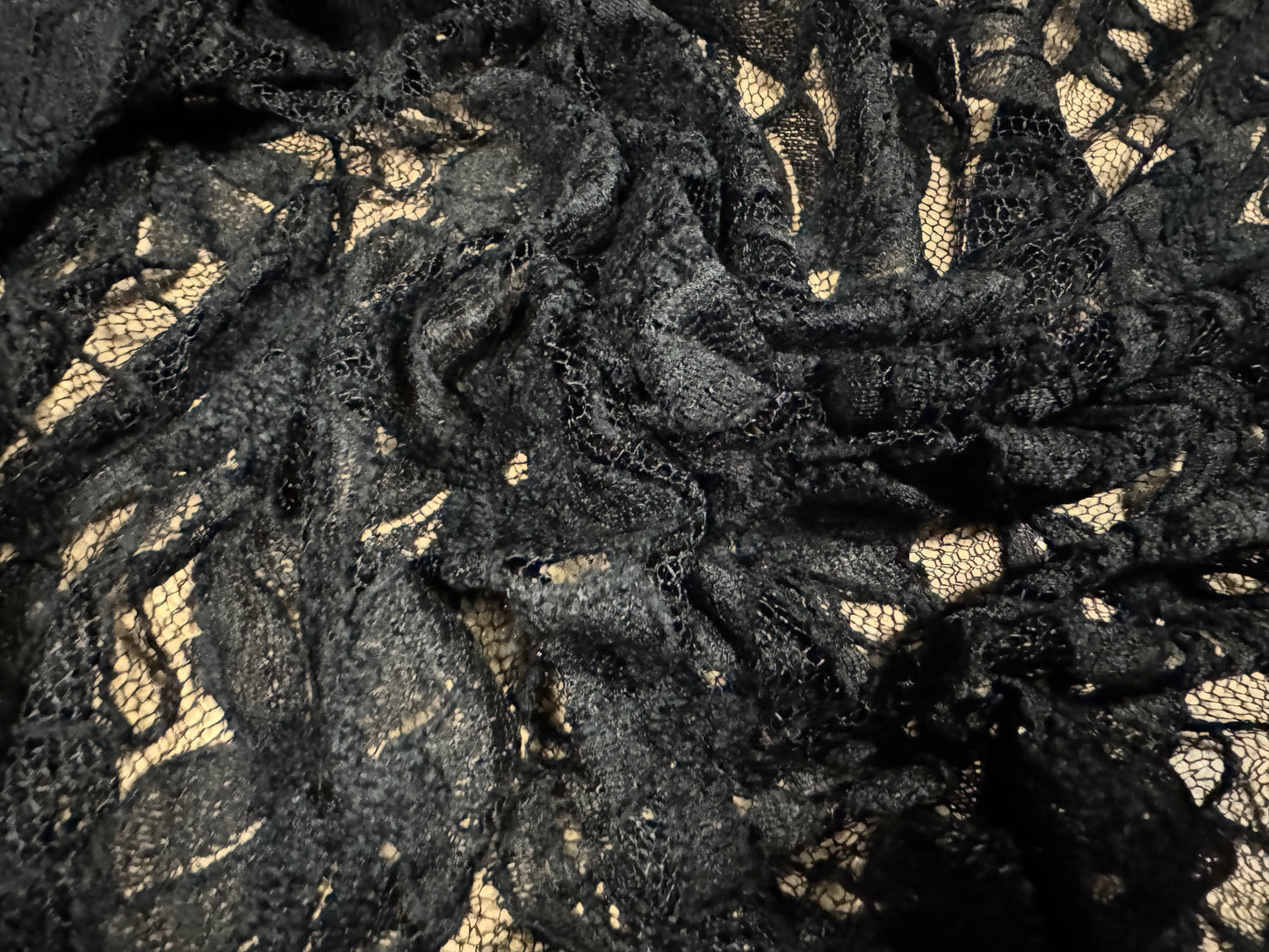 Stretch lace dress fabric, per metre - flocked & corded flowers - black