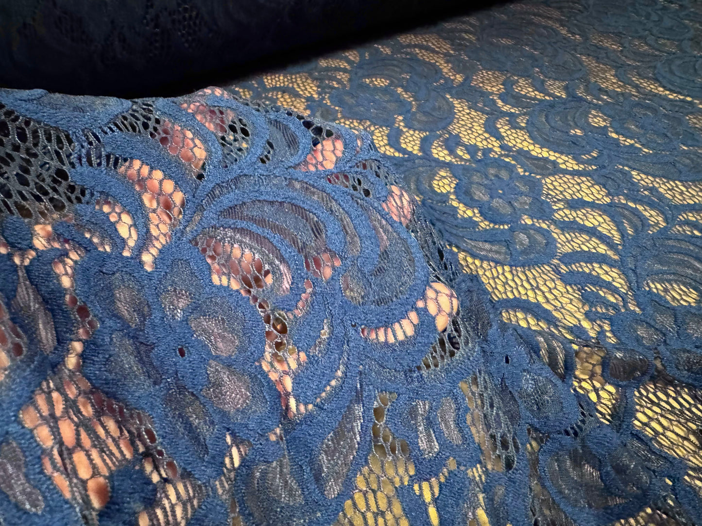 Soft stretch lace dress fabric, per metre - scalloped selvedge - flower design - French Navy Blue