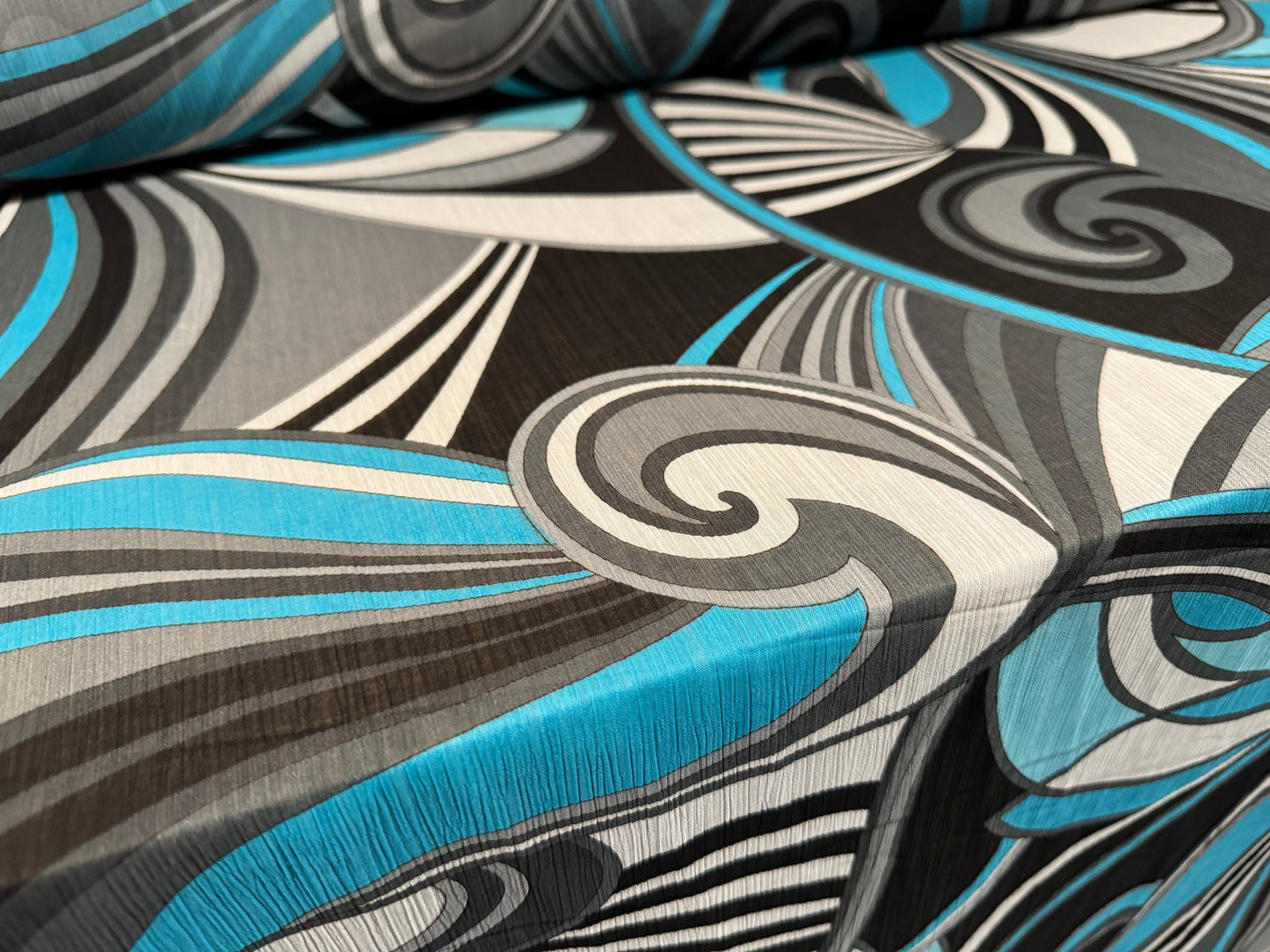 Printed chiffon yoryu dress blouse fabric, per metre - 60s swirl print - turquoise black & white