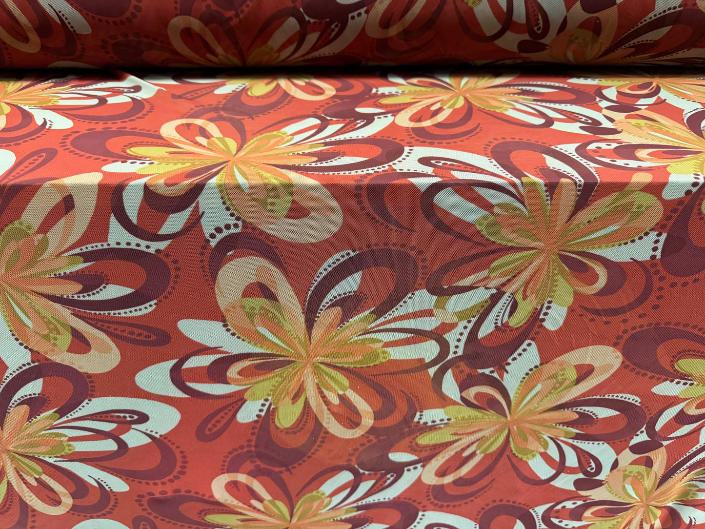 Power mesh net stretch spandex fabric, per metre - retro floral print - burnt orange