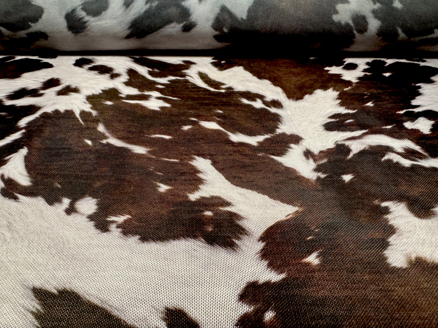 Power mesh net stretch spandex fabric, per metre - cow hide print - brown & pearl