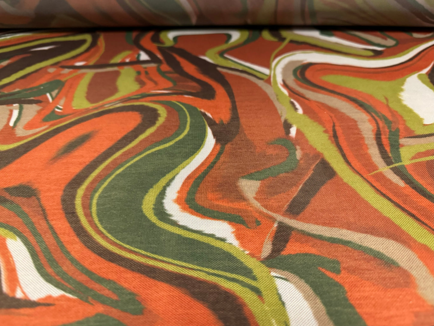 Power mesh net stretch spandex fabric, per metre - abstract print - khaki green & burnt orange