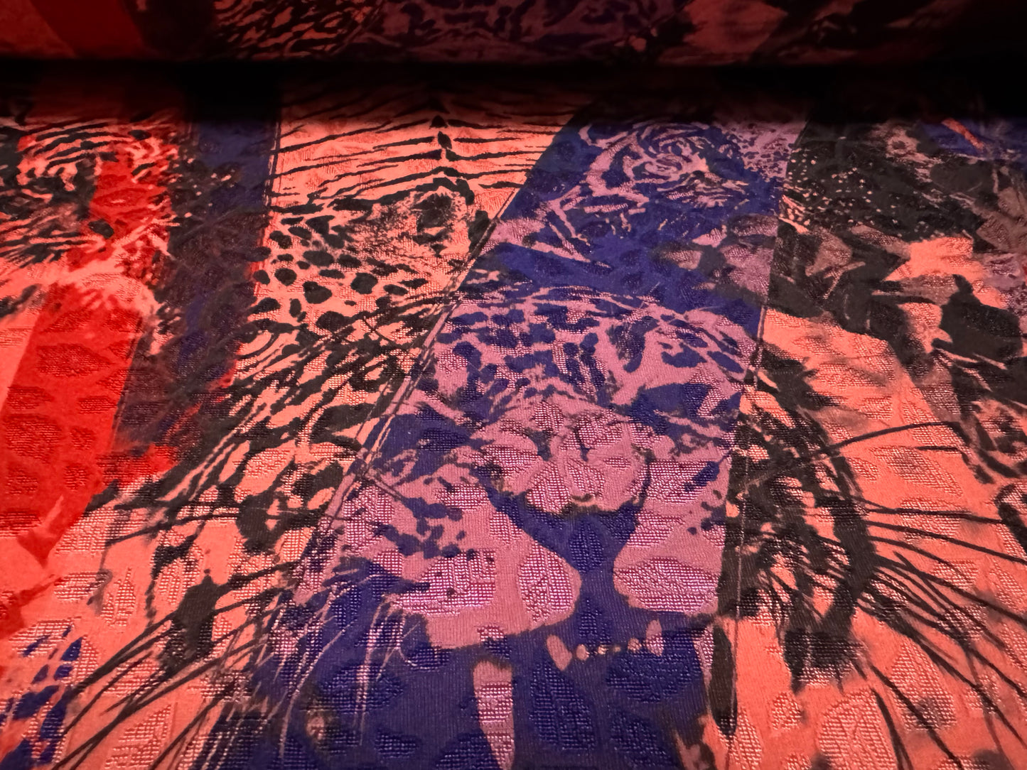 Stretch spandex jersey jacquard fabric, per metre - leopards print - pink & blue