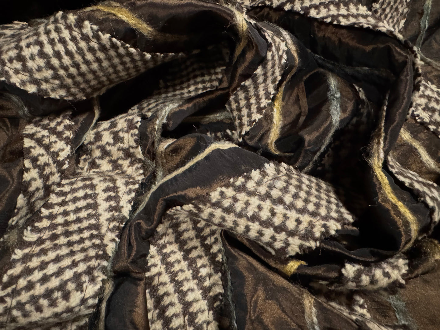 Taffeta faux silk fabric, per metre - wool tweed stripe appliqué - brown