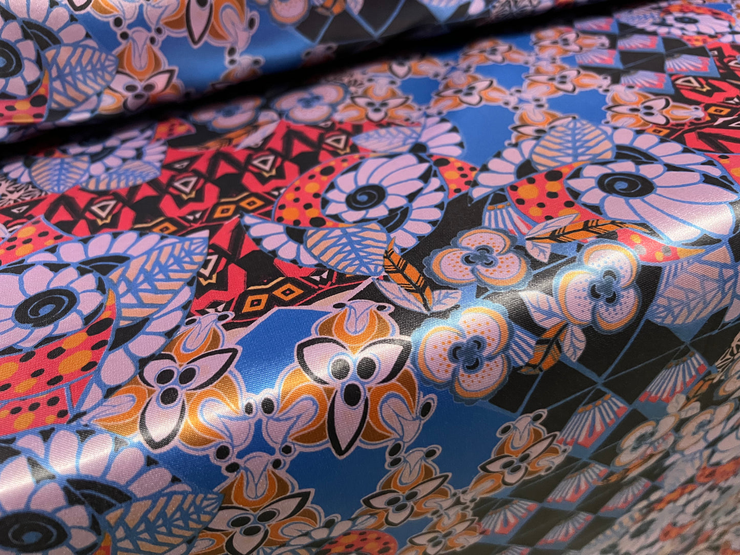 Silky Satin woven dress fabric, per metre - stylised flowers print - lilac & blue