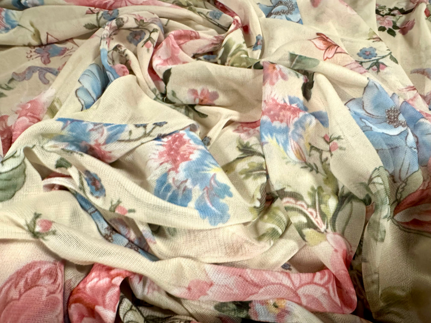 Chiffon jersey fashion fabric, per metre - floral print - cream pink & blue