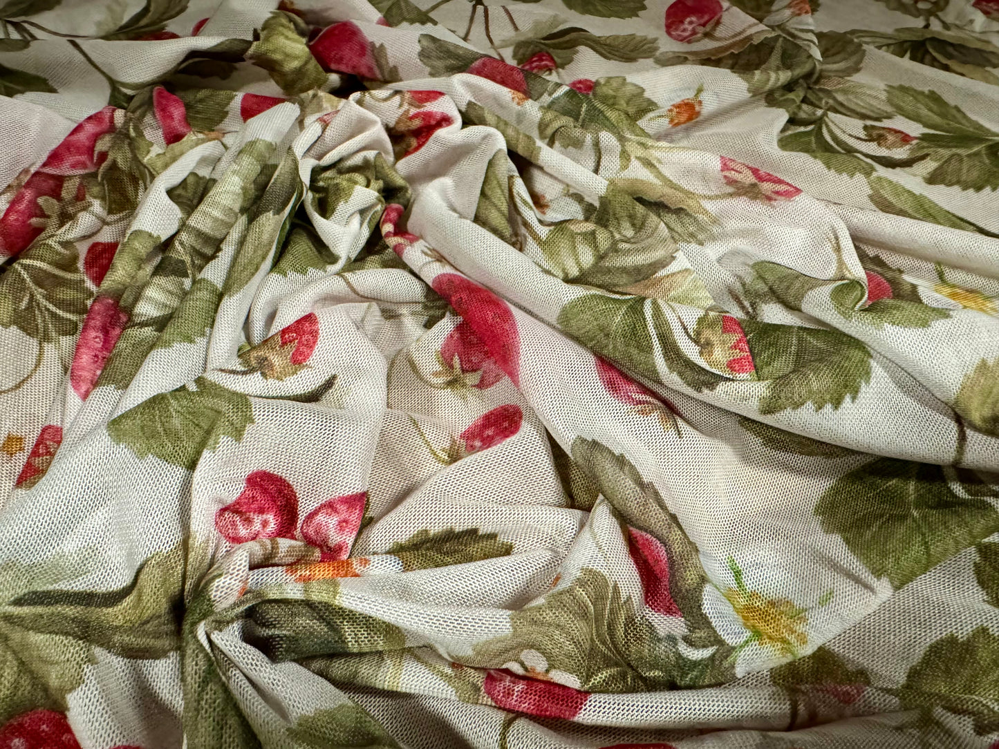 Power mesh net stretch spandex fabric, per metre - strawberries print - ecru green & red
