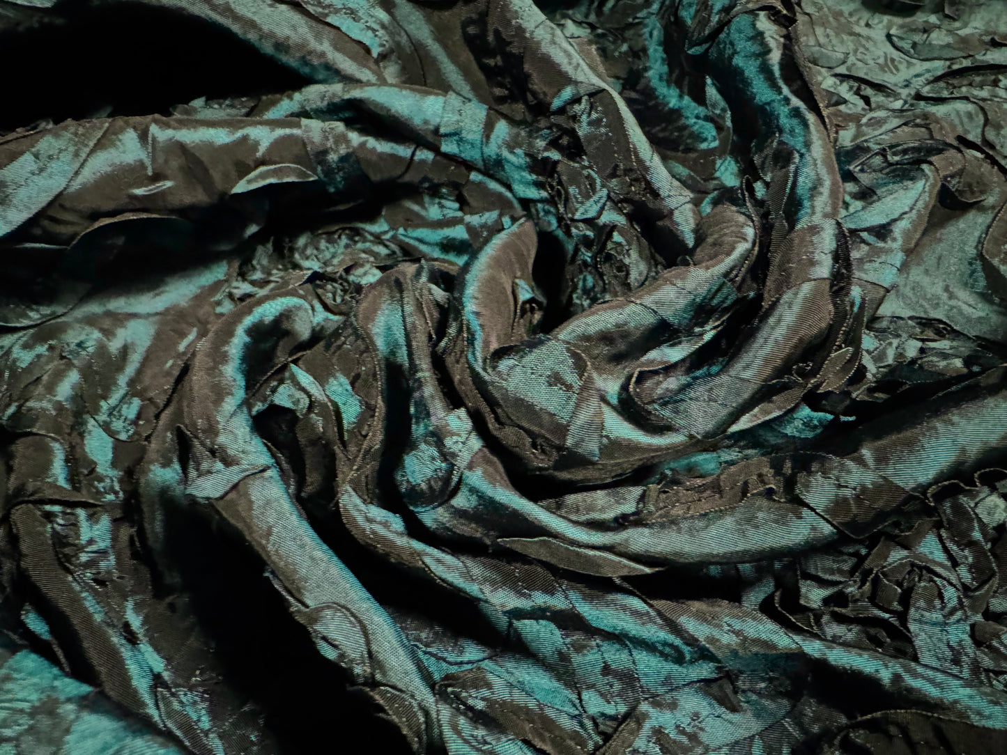 Taffeta faux silk fabric with ribbon appliqué, per metre - floral - kingfisher