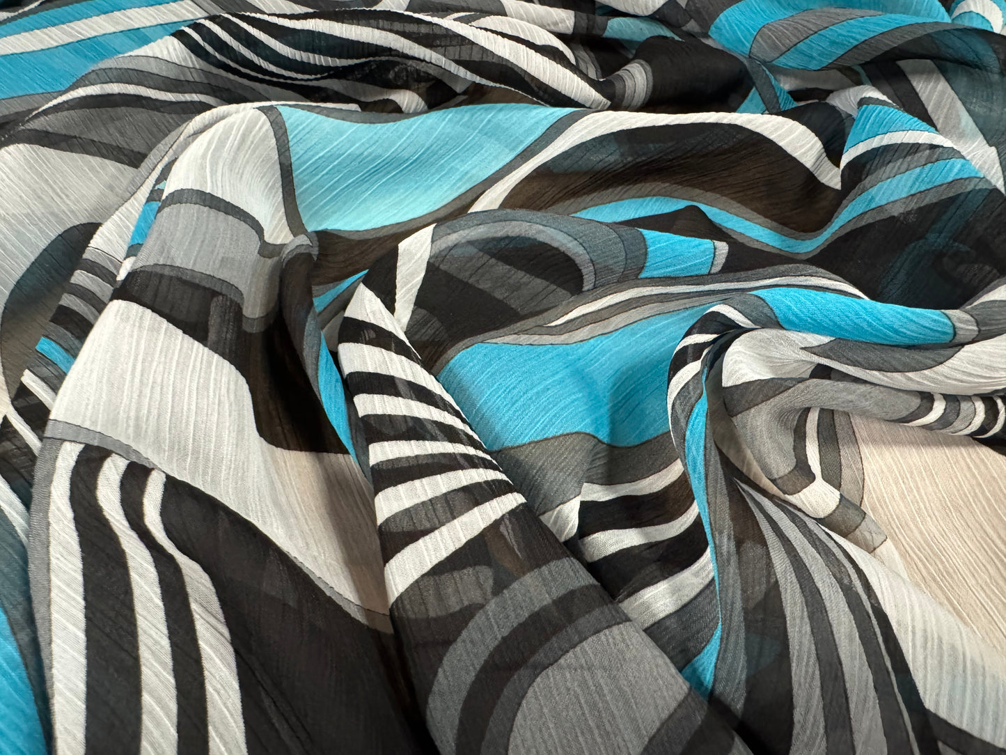 Printed chiffon yoryu dress blouse fabric, per metre - 60s swirl print - turquoise black & white