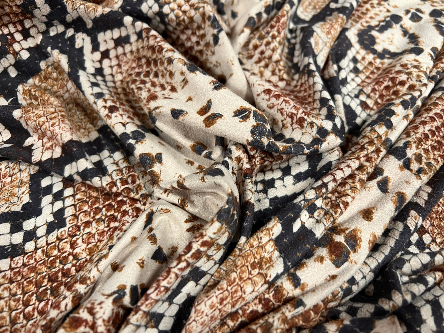 Faux suede stretch spandex jersey fabric, per metre - snakeskin print - brown & stone