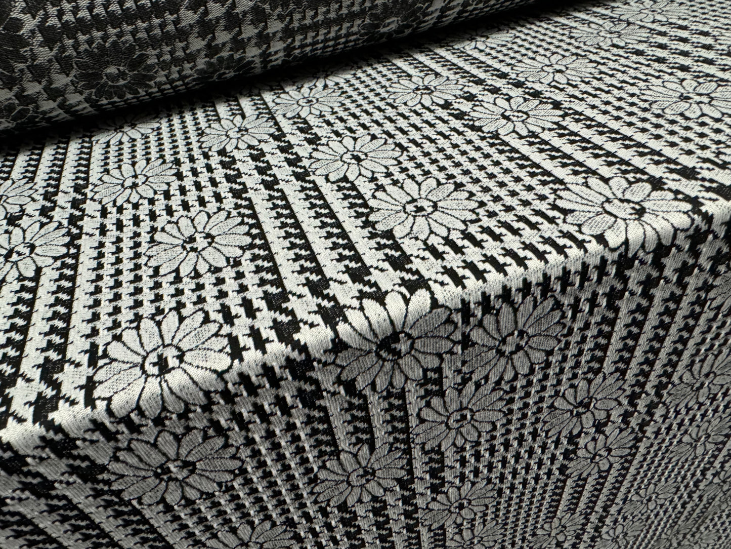 Double jersey stretch spandex dress fabric, per metre - daisy check jacquard - monochrome
