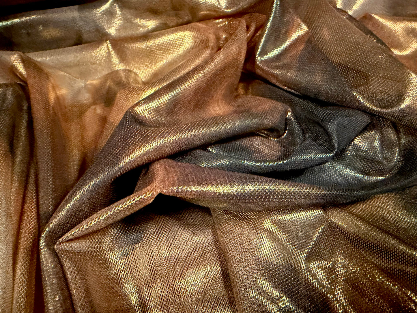 Metallic power mesh net stretch spandex fabric, per metre - abstract print - bronze & gold