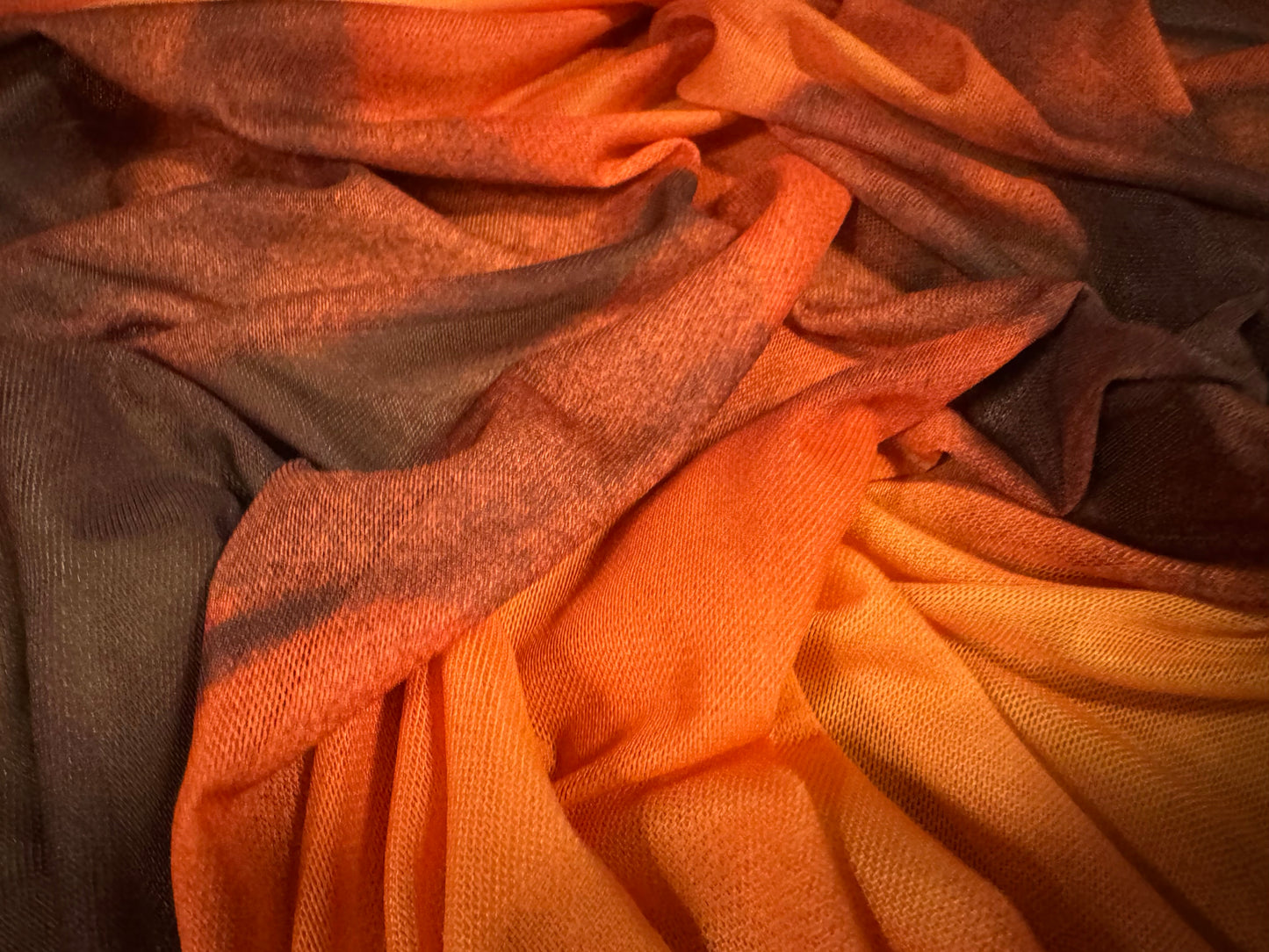 Power mesh net stretch spandex fabric, per metre - sunset shadows print - orange