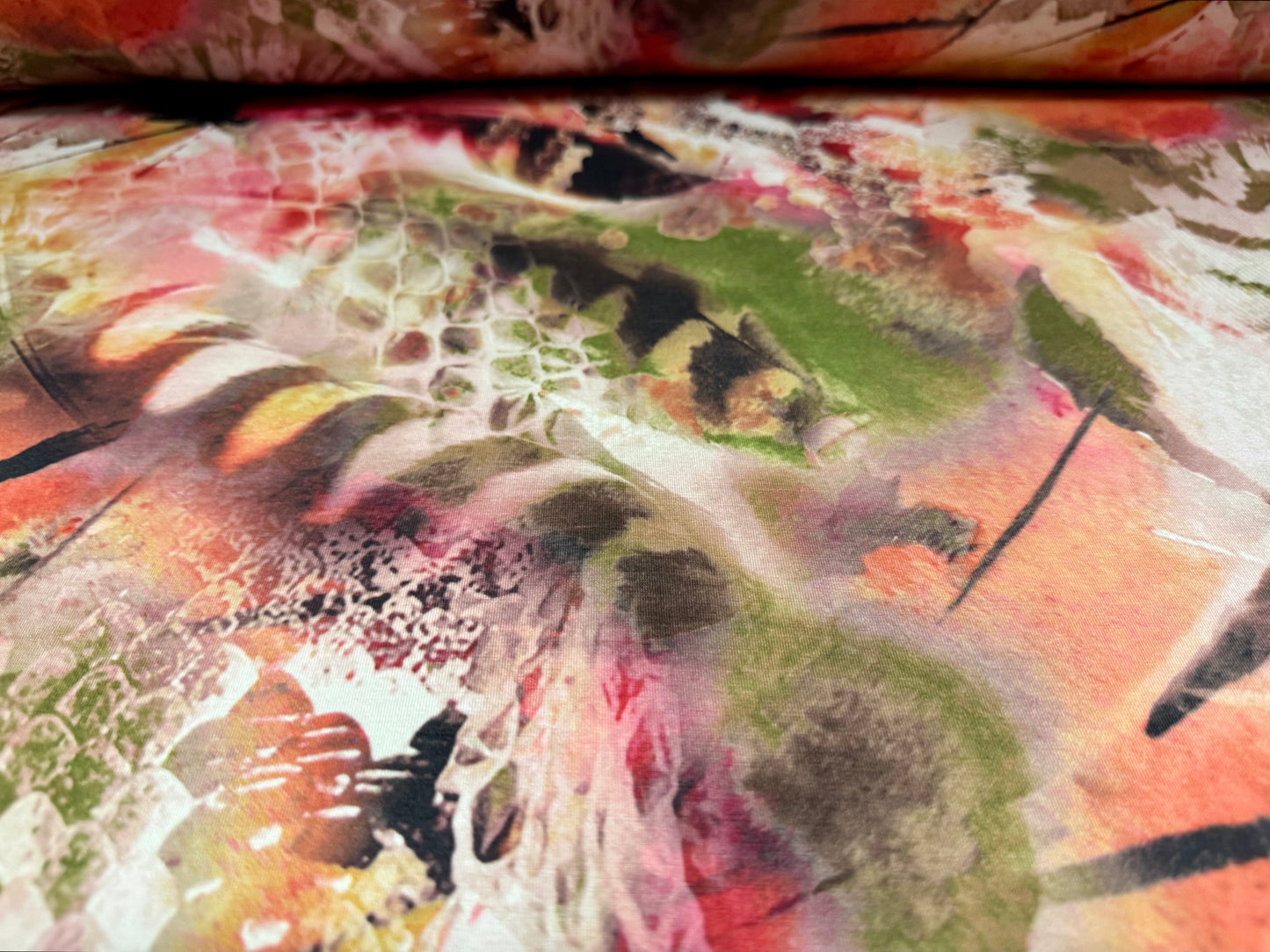 Stretch spandex interlock jersey fabric, per metre - feathers and animal print - green & pink