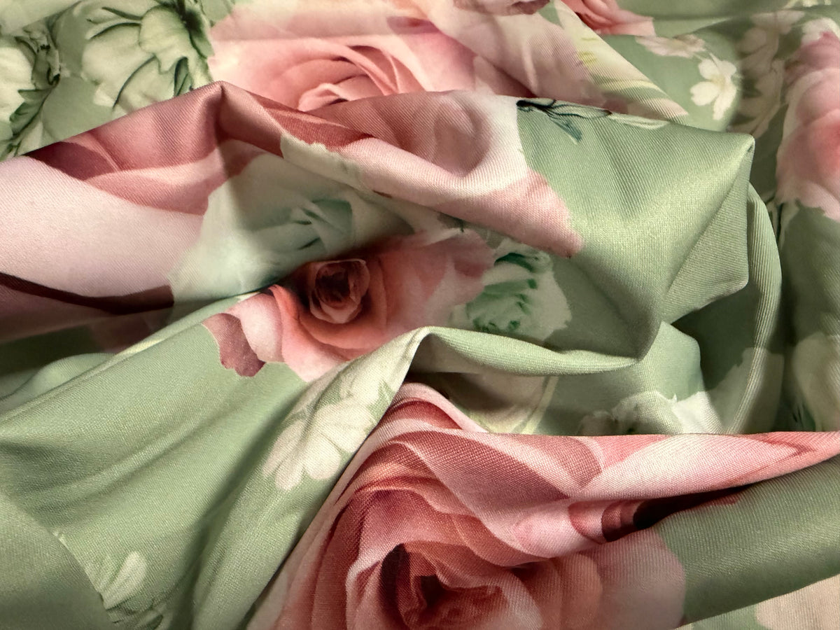Scuba stretch spandex double jersey fabric, per metre - rose print - mint green & pink
