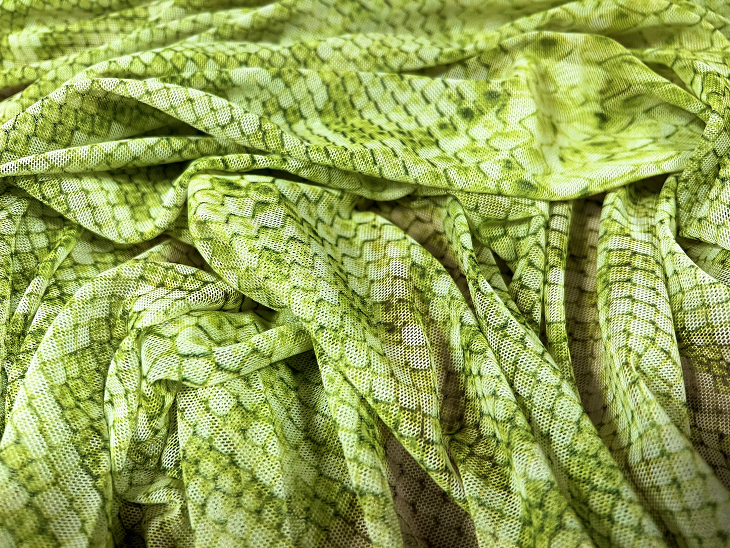 Power mesh net sheer stretch spandex fabric, per metre - snakeskin animal print - lime & green