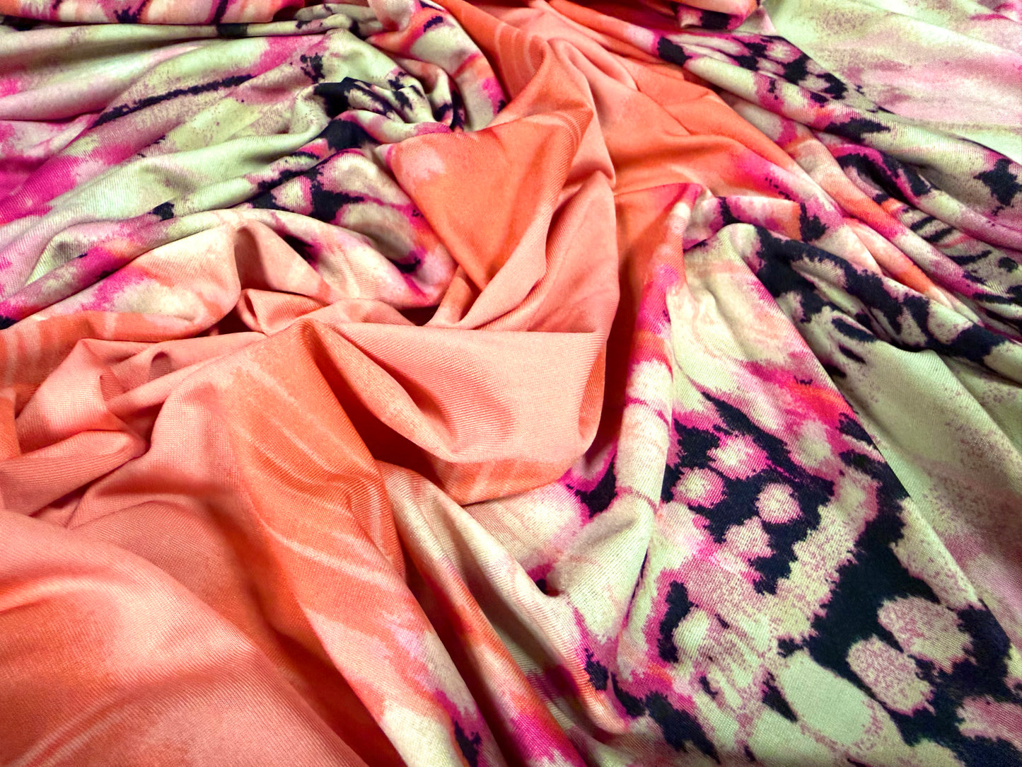 Soft touch stretch spandex jersey fabric, per metre - abstract print - coral & pink