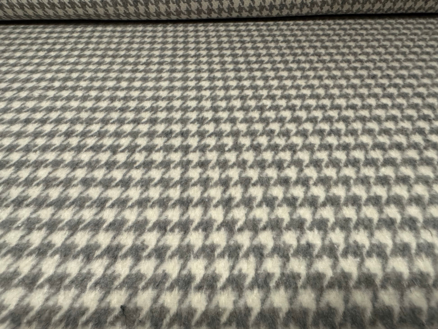 Wool mouflon coat jacket fabric, per metre - houndstooth - grey & ivory