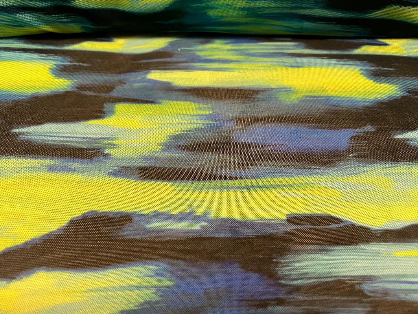 Power mesh net sheer stretch spandex fabric, per metre - paint smudge print - lime green, blue & black