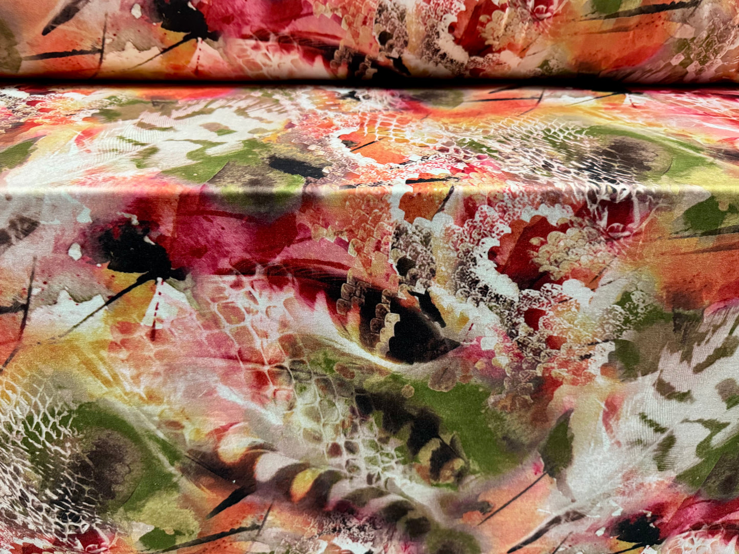 Stretch spandex interlock jersey fabric, per metre - feathers and animal print - green & pink