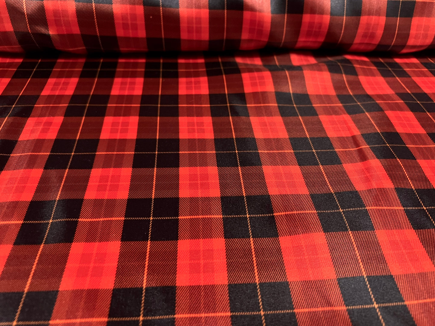 Silky Satin woven dress fabric, per metre - tartan check print - red & black