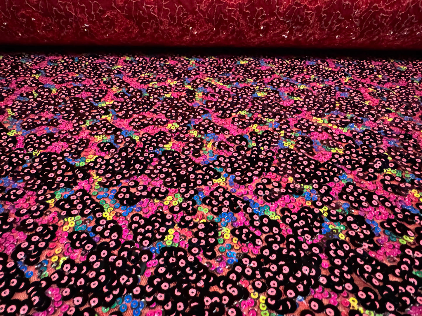 Couture dress fabric, per metre - abstract sequin design - fuchsia & black