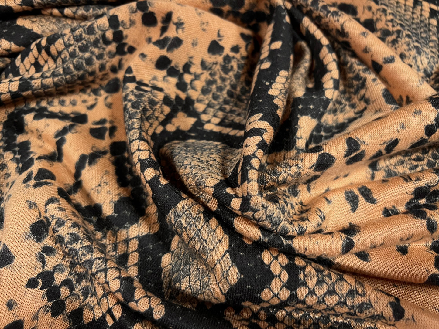 French Terry loopback sweatshirt jersey fabric, per metre - snakeskin print - brown & black