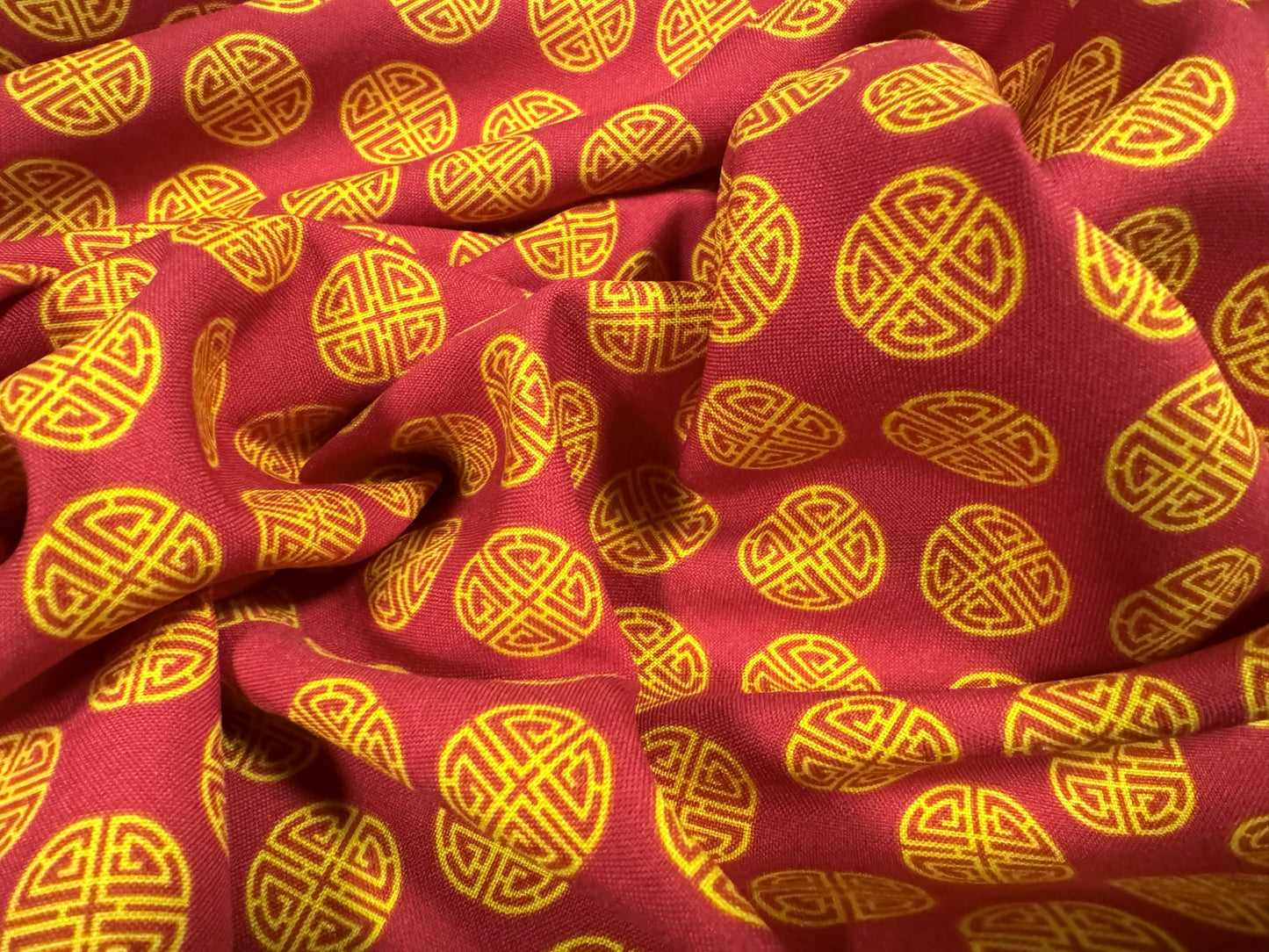 Panama woven fashion fabric, per metre - Chinese Lu Good Fortune print - dark pink & gold