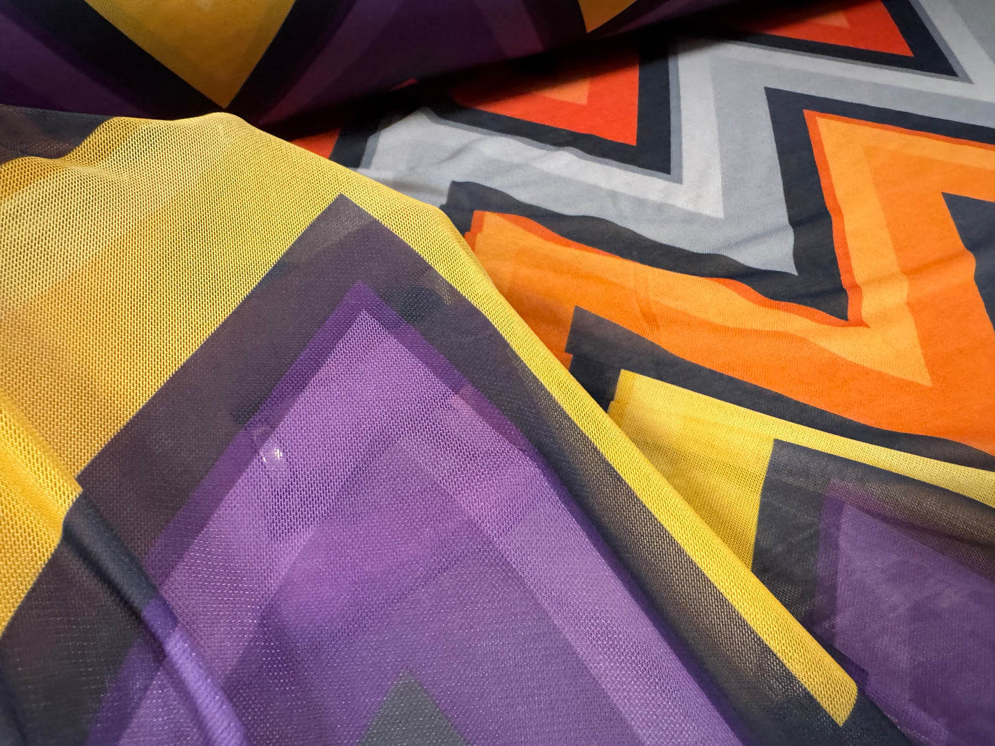 Stretch spandex single jersey fabric, per metre - jumbo chevron print - multicolour