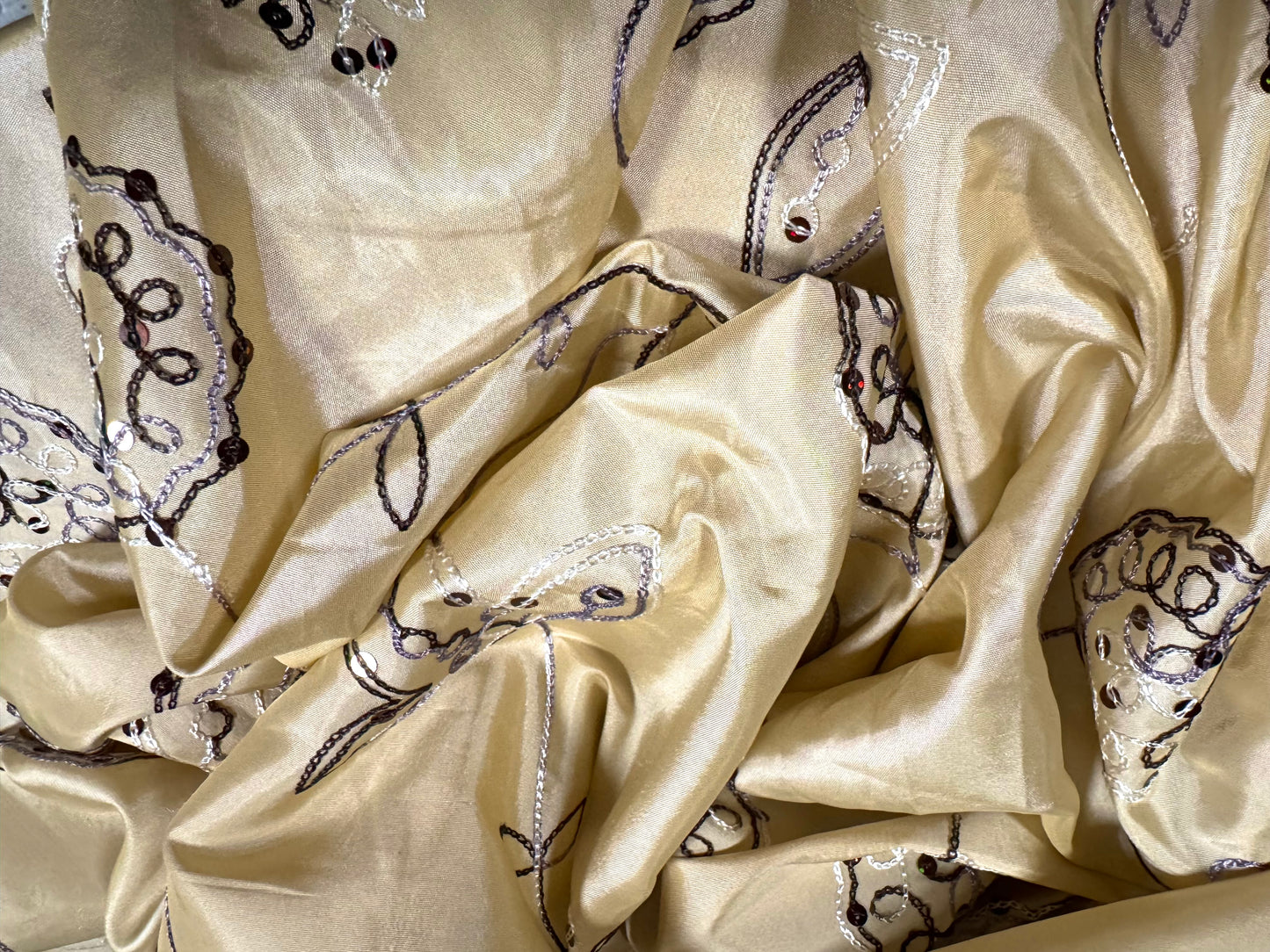 Taffeta faux silk fabric, per metre - floral embroidery with sequins - pale gold