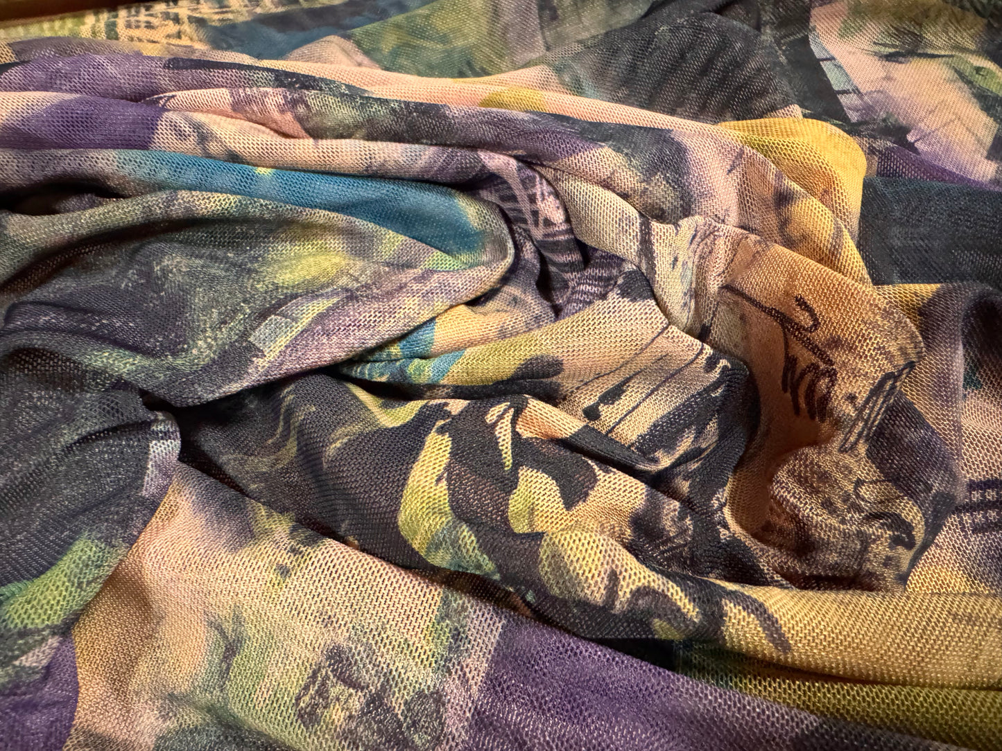 Power mesh net stretch spandex fabric, per metre - Tokyo Graffiti print - dusky pink lilac & turquoise
