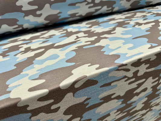French Terry loopback sweatshirt jersey fabric, per metre - camouflage print - sky blue & grey
