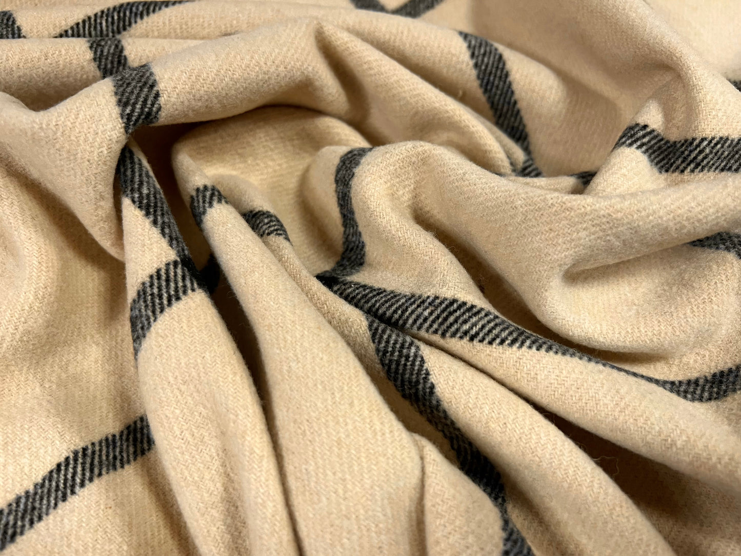 Wool mouflon coat jacket fabric, per metre - matrix check - cream & charcoal grey