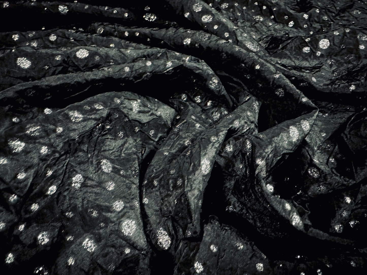 Taffeta faux silk fabric - metallic raindrop print - black & silver glitter