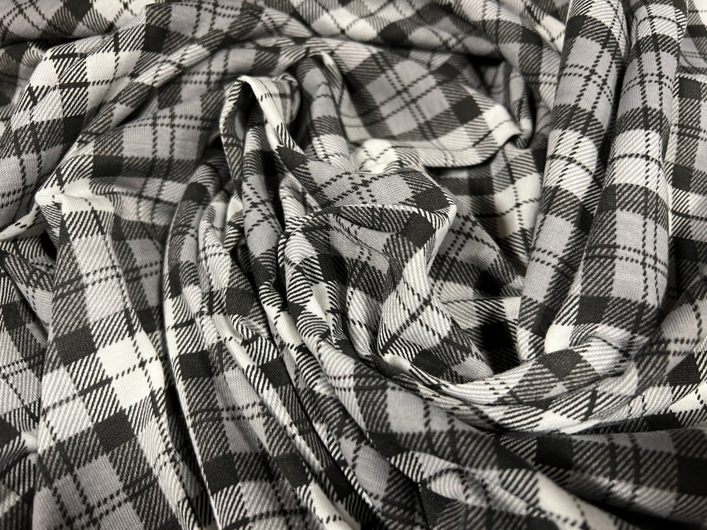 Soft handle single jersey fabric, per metre - check plaid print - grey