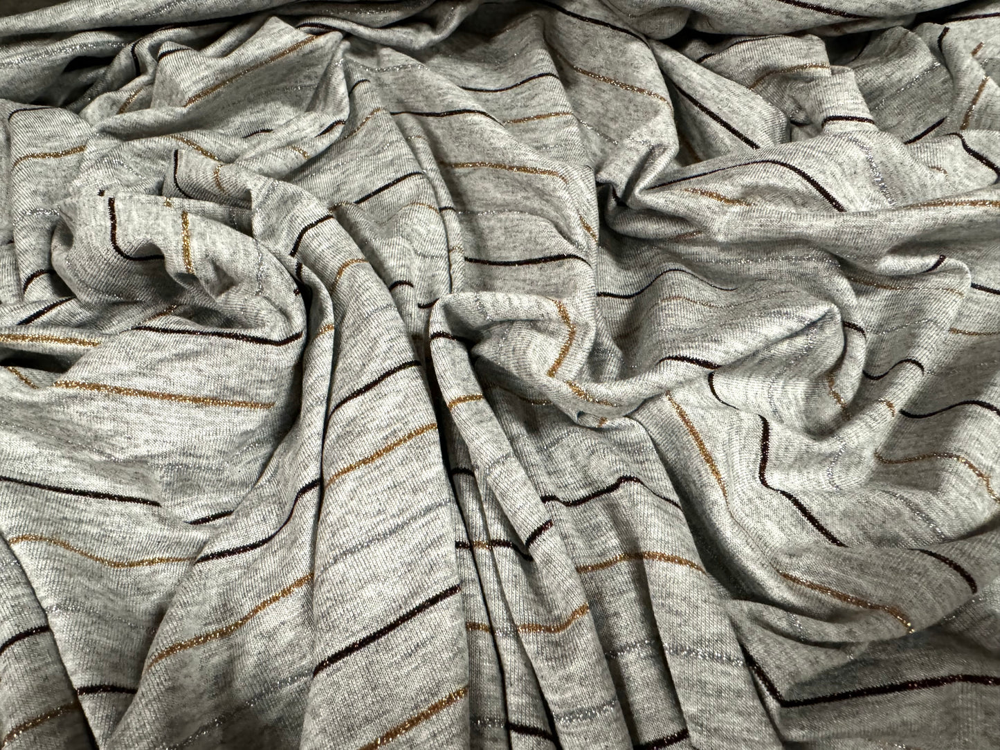 Metallic viscose spandex stretch single jersey fabric, per metre - pinstripe - grey marl with black silver & gold lurex