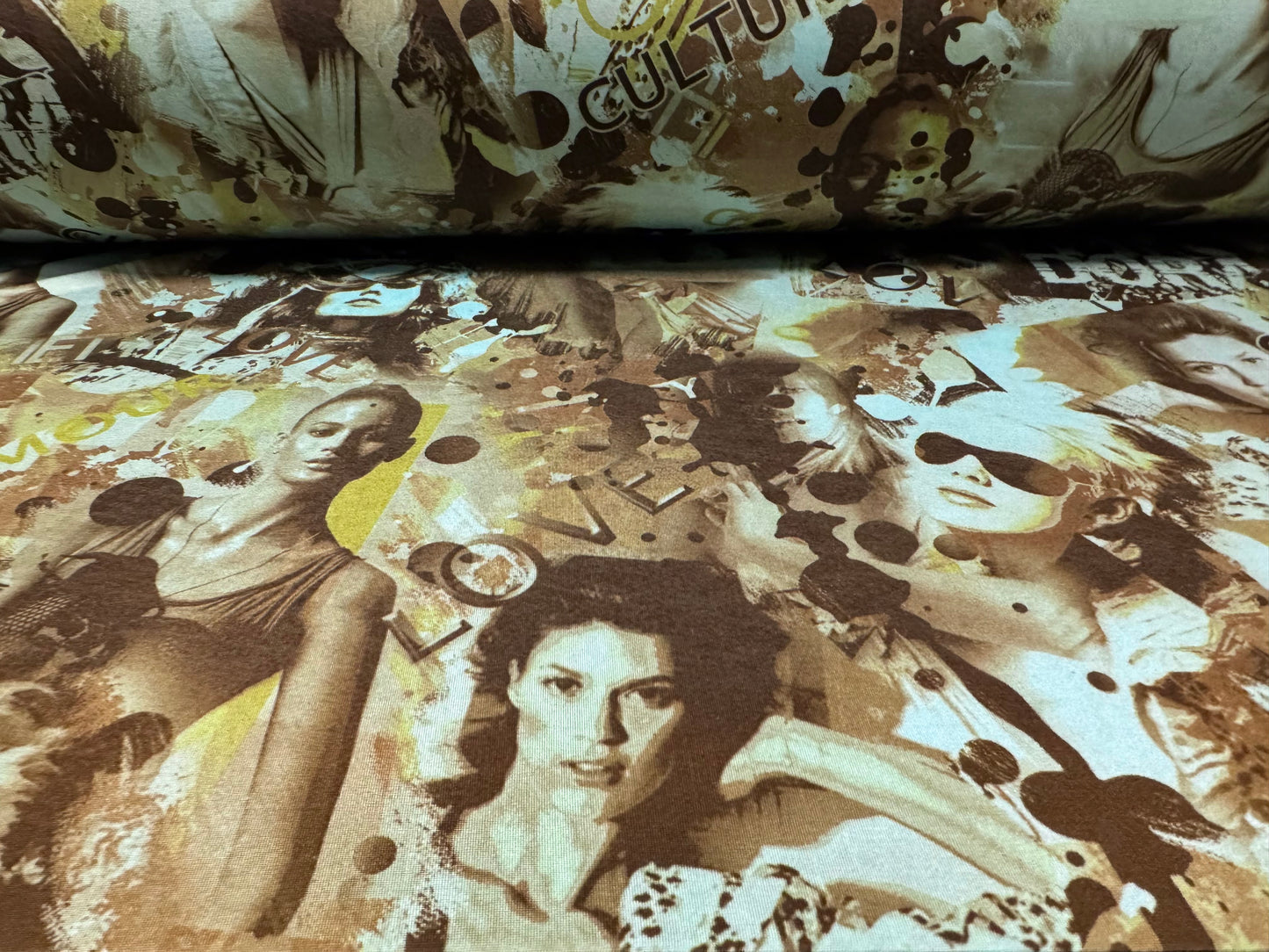 Stretch spandex single jersey fabric, per metre - Supermodel print - turquoise & brown