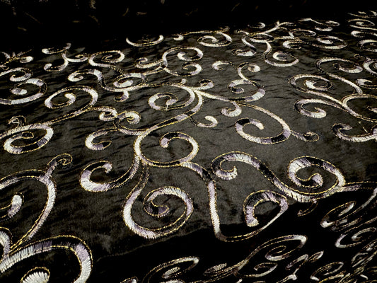 Taffeta faux silk fabric - metallic swirl embroidery - black silver & gold