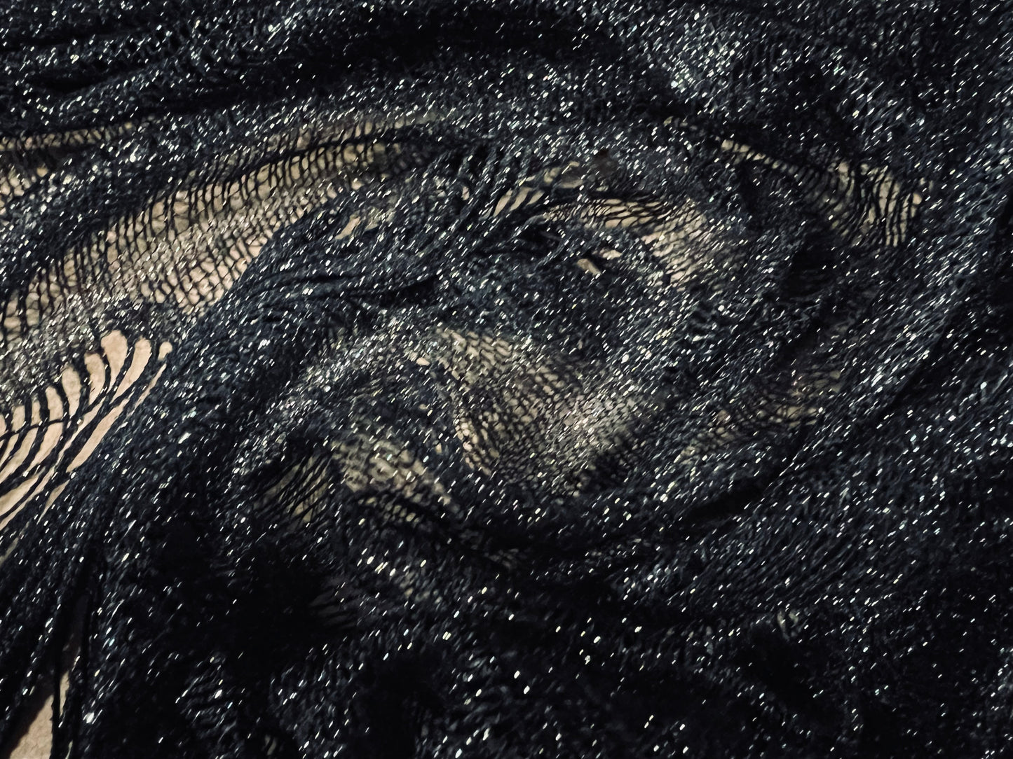 Metallic crochet knit mesh fabric - 1 metre panel with tassels - zebra design - black & silver