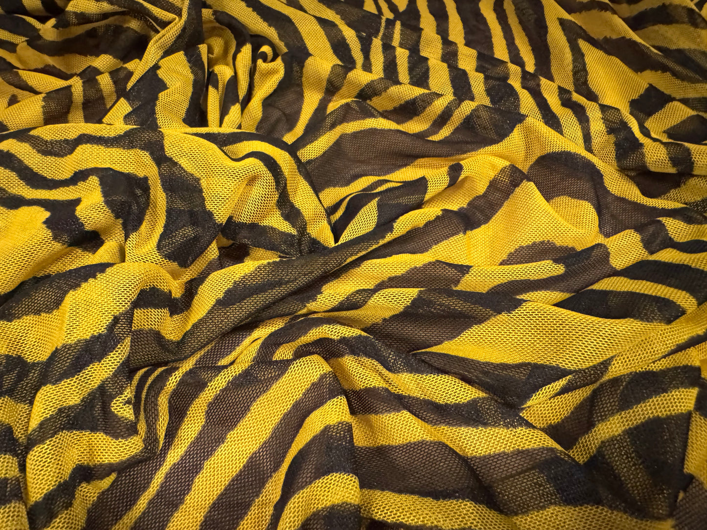 Power mesh net stretch spandex fabric, per metre - zebra animal print - yellow
