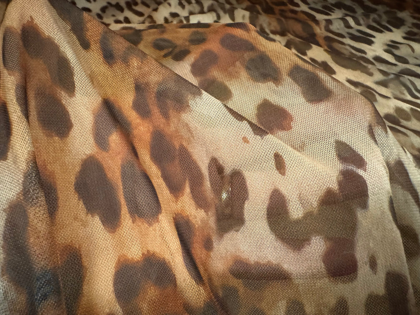 Power mesh net stretch spandex fabric, per metre - jaguar print - brown & nude