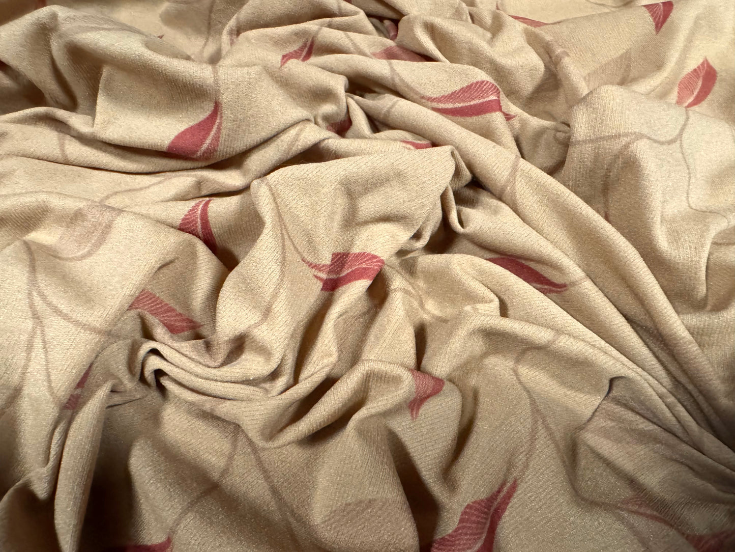 Single jersey mousse fabric, per metre - leaf print - light brown & wine