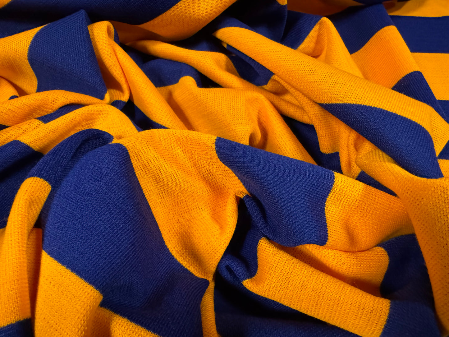 Knitwear jersey fabric, per metre - Rugby stripe - Royal Blue & Amber