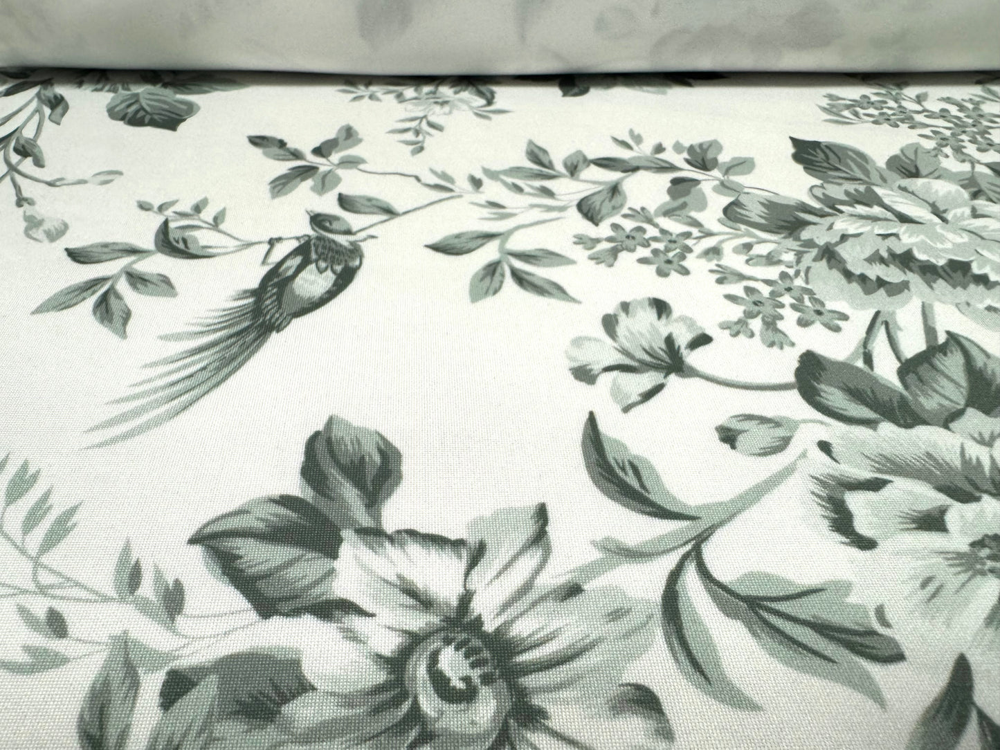 Scuba stretch spandex double jersey dress fabric, per metre - Toile De Jouy print - sage green & white
