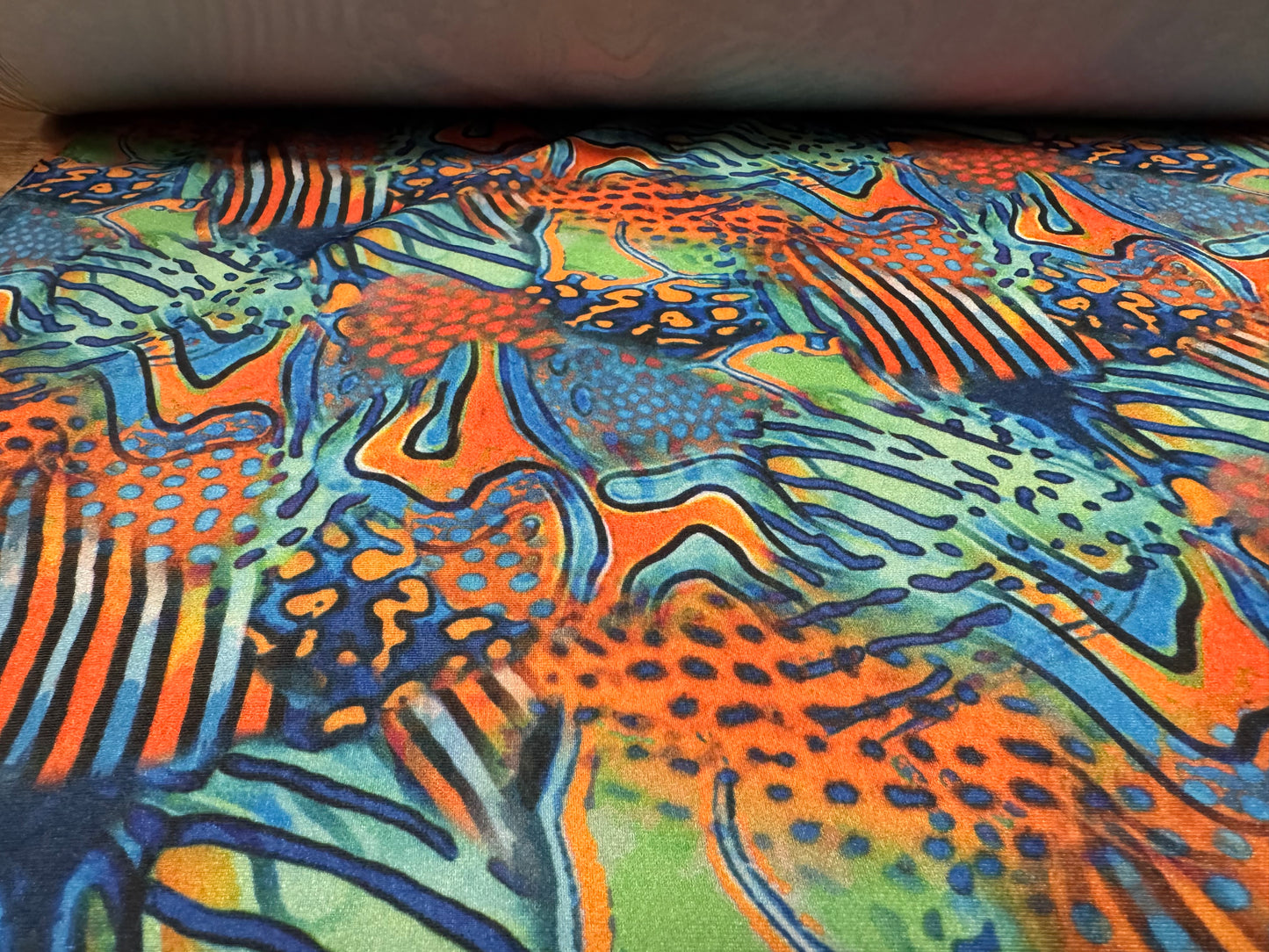 Swimwear stretch spandex jersey fabric, per metre - coral reef print - blue jade & orange