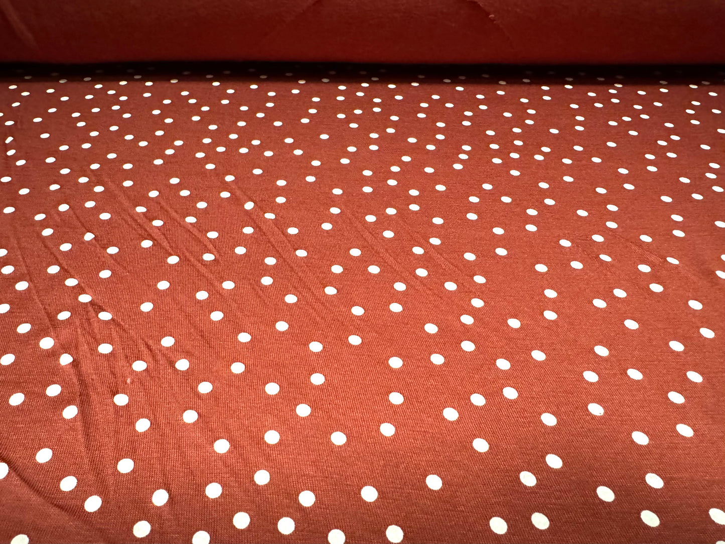 Viscose spandex stretch jersey fabric, per metre - spot print - terracotta & white