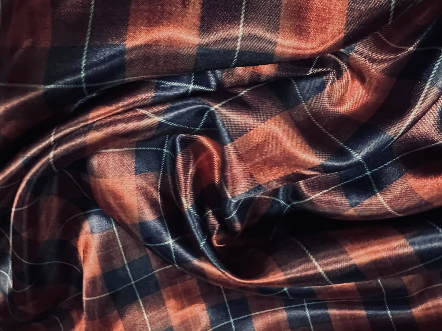 Silky Satin woven dress fabric, per metre - tartan check print - navy & plum
